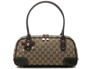 Gucci bag handbag dark brown Beige Cream GG canvas leather